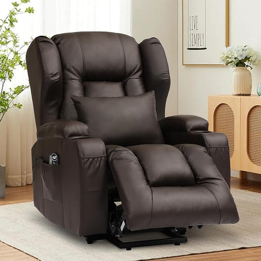 URRED Power Lift Recliner Chair for Elderly, Electric Massage Recliner with Heat, Infinite Position Adjustment, Faux Leather Lift Chair with Cup Holders, Side Pockets & USB Port – Brown