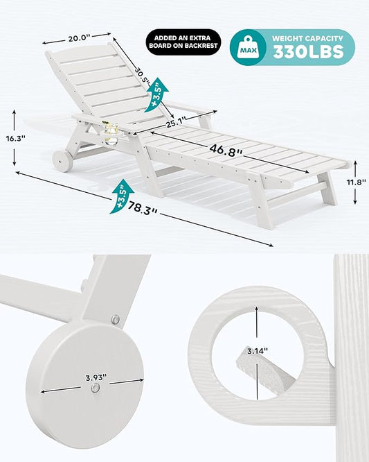 SERWALL Patio Chaise Lounge Chair, 78'' Long HDPE 5 Positions Adjustable Outdoor Lounger, Poly Lounge Chair with Rolling Wheels & Cup Holder for Pool, Light White