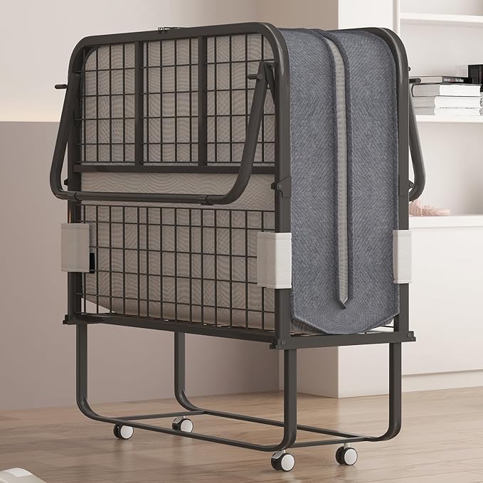 Mjkone Folding Bed with Mattress for Adults, 75" x 31" Rollaway Bed with Mattress, Space Saving Roll Away Frame Lockable Wheel, Sturdy Fold Up Beds and Memory Foam for Bedroom/Guest