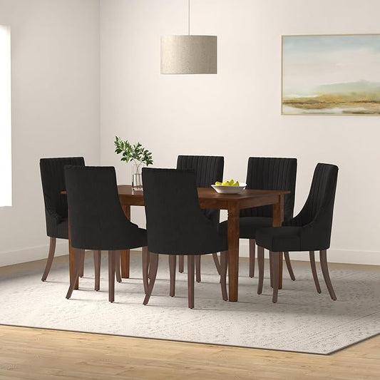 mikibama Linen Dining Chairs Set of 2 Channel Tufted Kitchen Dinner Chair Comfy Fabric Upholstered Accent Chair for Dining Room with Solid Wood Legs (Black)