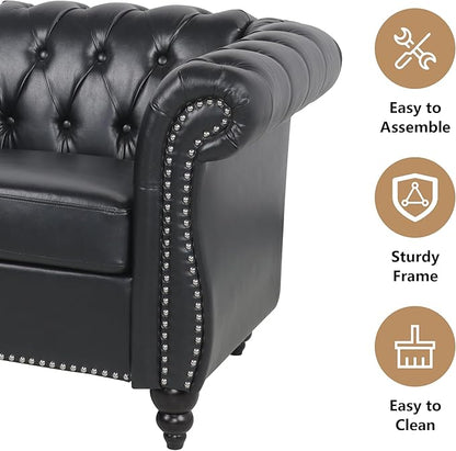 Accent Sofa Chair for Living Room, Modern PU Leather Upholstered Armchair, Oversized Comfy Single Sofa Chair with Cushion, Mid Century Tufted Chesterfield Sofa Couch for Bedroom, Apartment (Black)