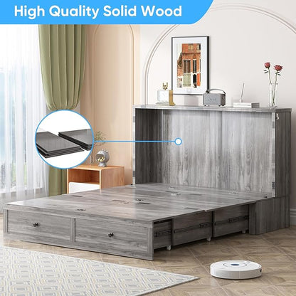Mjkone Murphy Bed, Cabinet Murphy Bed with Tri-Fold Memory Foam Mattress, Farmhouse Wooden Cabinet Beds with USB Charging Station and 2 Storage Drawers for Bedroom/Office/Guest Room-Gray, Queen