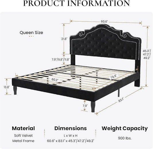 SHA CERLIN Queen Bed Frame with Adjustable Headboard/Velvet Upholstered/Diamond Button Tufted and Metal Studs/No Box Spring Needed/Wood Slat Support/Easy Assembly/Black