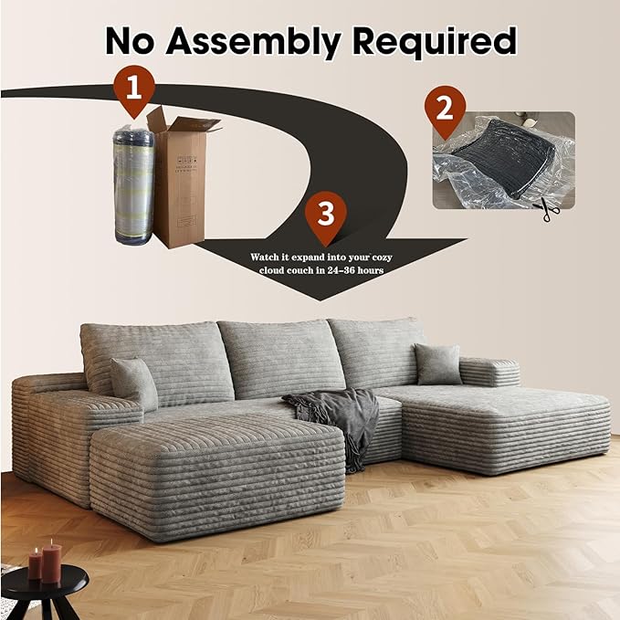 107.5" Cloud Modular Sectional with Ottoman, U-Shaped Sofa for Living Room, Modern Minimalist Couches, Deep Seat Comfy Couch & Reversible Chaise, No Assembly Required (Black, Right Facing Chaise)