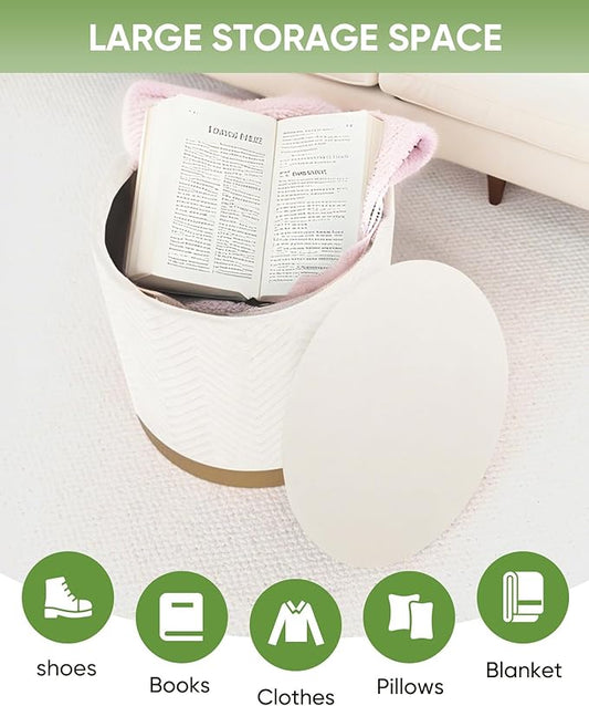 B FSOBEIIALEO Ottoman with Stroage, Round Velvet Storage Ottoman with Gold Plating Base,Foot Rest Stool for Dorm Room, Living Room White, 16.73"x16.73"x17.72"