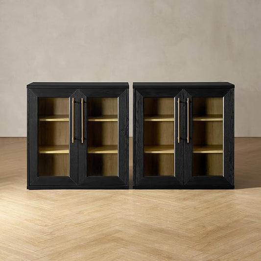 mopio Blake Storage Cabinet, Small Modular Accent Display Sideboard Buffet Cabinet with Storage, Media Console Credenza, for Kitchen, Coffee Bar, Pantry, Living Room (Black Oak Acrylic, Set of 2)