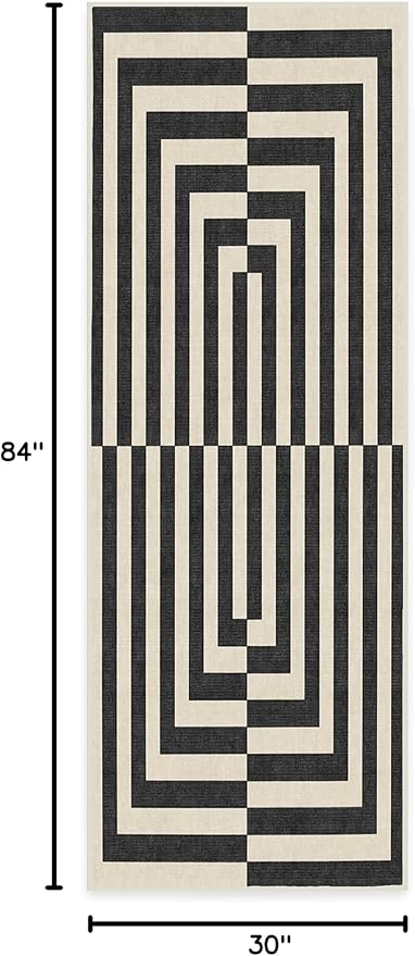 RUGGABLE x Jonathan Adler Machine Washable Modern Runner Rug – Op Art Charcoal 2.5x7, Stain-Resistant, Non-Slip – Washable Rug for Hallway, Entryway, Living Room & Kitchen–with Standard Pad