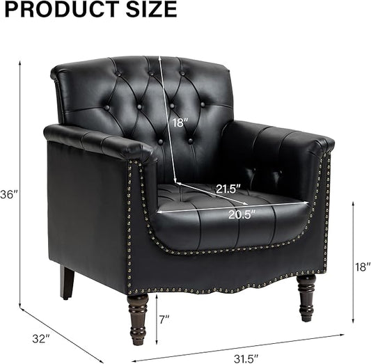 Faux Leather Accent Chair, PU Leather Modern Comfy Upholstered Armchair with Wood Legs & Nailhead Trim for Living Room, Bedroom (Black,Set of 1)
