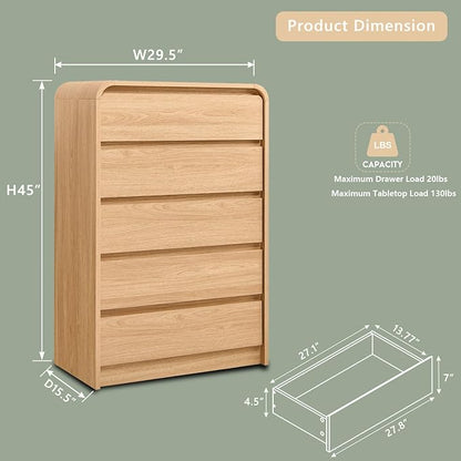 Modern 5 Drawers Dresser for Bedroom, 45" Tall Dressers & Chests of Drawers w/Curved Profile Design, Wood Mid Century Vertical Dresser w/Natural Texture for Bedroom, Living Room, Natural Oak
