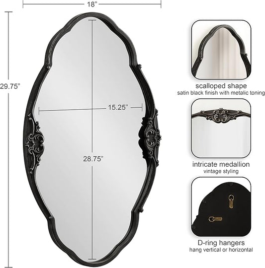 Kate and Laurel Novella Vintage Glam Ornate Mirror; 30 x 18; Black; Traditional Baroque Wall Mirror for Use as Decorative Bathroom Mirror or Fireplace Mantel Mirror