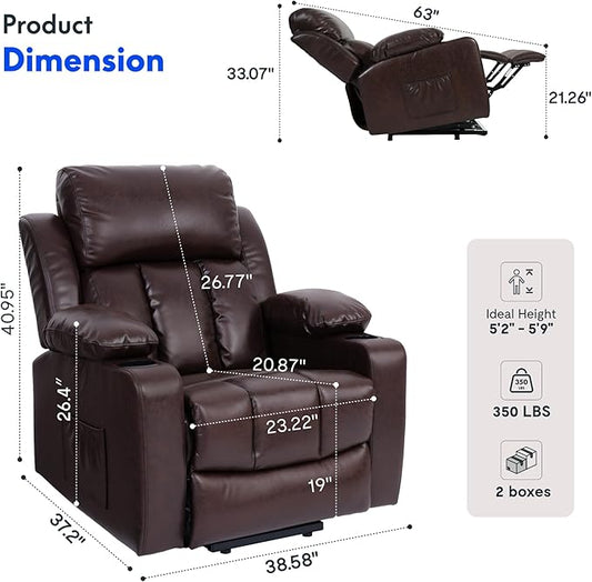 FLEXISPOT XL31-L Power Lift Recliner Chair for Elderly, Electric Lift Chair with Massage & Heat, PU Leather Reclining Sofa with Cup Holders, Side Pockets for Living Room Bedroom(Large Size, Pecan)