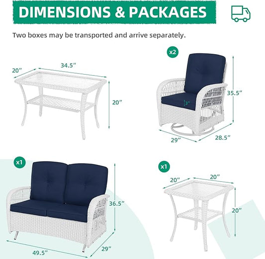 VIVIJASON 5-Piece Outdoor Patio White Wicker Conversation Sets, All Weather Outdoor Rattan Furniture Set Includes Glider Loveseat, 2 Coffee Table, 2 Swivel-Gliders Chairs with Cushions, Navy Blue