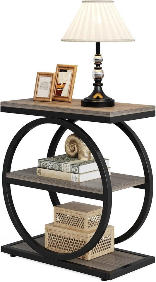 LITTLE TREE 3-Tier End Table Set 2, Grey Side End Table with Storage Shelves, Small Sofa Side Table for Living Room, Slim Nightstand and Bedside Table with Black Double Round Metal Legs
