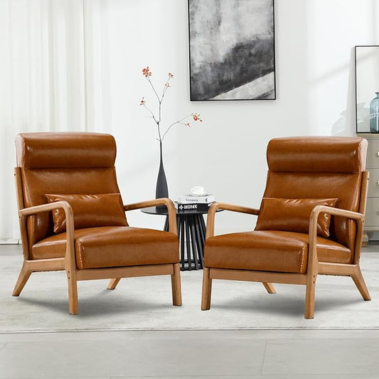 Accent Chair Mid Century Modern Chair PU Leather Living Room Chairs with Solid Wood Frame Comfy Upholstered and Lumbar Pillow Reading Side Chair Easy Assembly for Bedroom (2, Brown)