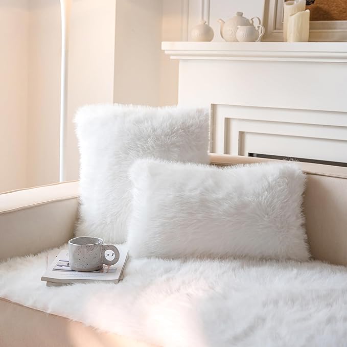 Neelvin Cream White Faux Fur Cozy Fluffy Double-Sided Decorative Throw Pillow Covers 16x16 inch Set of 2,Velvet Pillowcase Cushion Case for Sofa Couch