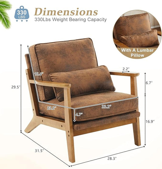 VINGLI Solid Wood Wide Armrests Accent Chair,Upholstered Mid Century Modern Chair with Pillow,Comfy Reading Chair Farmhouse Arm Chair,Chairs Living Room,Bedroom,Guest Room,Suede,Rustic