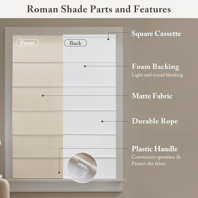 Madison Park Galen Matte Linen Cordless Roman Shades - Fabric Privacy Single Panel Darkening, Energy Efficient, Thermal Insulated Window Blind Treatment, for Home, Living Room Decor, 27" W x 64" H