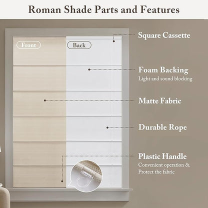Madison Park Galen Matte Linen Cordless Roman Shades - Fabric Privacy Single Panel Darkening, Energy Efficient, Thermal Insulated Window Blind Treatment, for Home, Living Room Decor, 34" W x 64" H