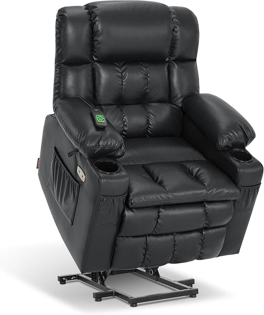 MCombo Dual Motor Small Power Lift Recliner Chair for Elderly, Lay Flat Lift Chair with Heat and Massage, Petite Lift Chair, Cup Holders, Faux Leather 7893 (Black, Small)
