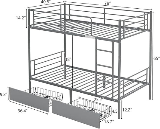 Karl home Grey Bunk Bed Twin Over Twin with 2 Storage Drawers, Metal Bunk Bed with Built-in Ladder and Safety Guardrail, Space-Saving Twin Bunk Beds for Kids, Teens & Adults, No Box Spring Needed