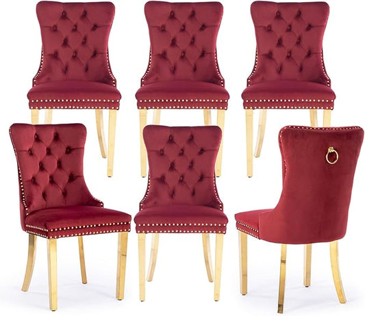 Velvet Upholstered Dining Chairs Set of 6, Modern Style Kitchen Side Chairs with Nailhead Trim and Gold Plated Leg, Metal Pulling Ring for Dining Room Living Room(Wine Red-Gold Plated Leg)