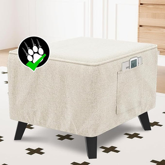 H.VERSAILTEX Sturdy Ottoman Cover Linen Look Ottoman Slipcover with Storage Side Pocket Thick Footrest Stool Covers with Elastic Band for Square Ottoman Fit Length 36"-37" Footrest - Heather Ivory