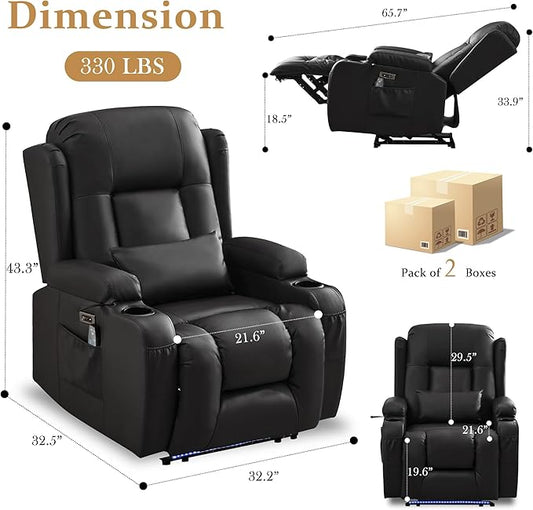 URRED Power Recliner Chair with Massage and Heat for Adults, Electric Reclining Sofa Home Theater Seating with Ambient Light, USB Ports, Cup Holders, Side Pockets, Pillow, Faux Leather (Black)