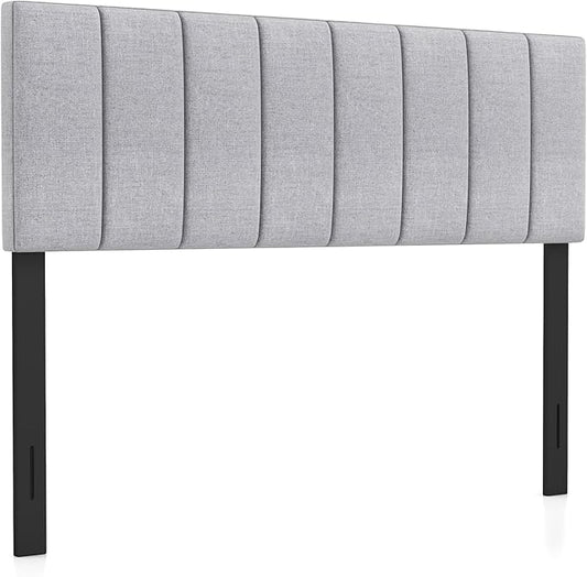 KOMFOTT Linen Upholstered Headboard for Full & Queen Size Bed, Vertical Channel Tufted Rectangular Headboard with Solid Wood Legs & Adjustable Width, Padded Bed Backboard, Easy Assembly (Gray)