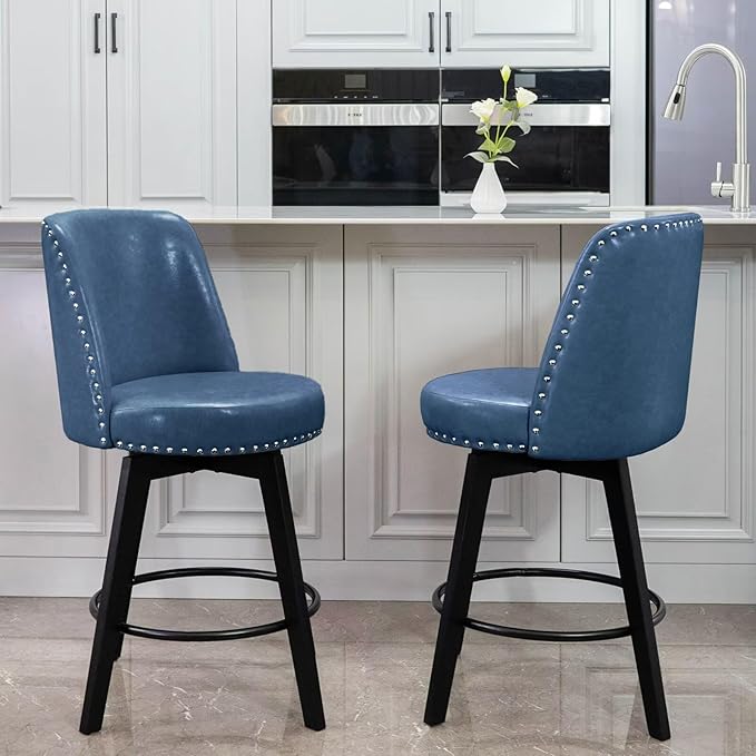 MINCETA Bar Stools Set of 4, PU Leather Barstools, 26 Inch Upholstered Counter Stools with High Back and Footrest, Swivel Counter Height Barstools for Kitchen Island Home Bar Navy Blue
