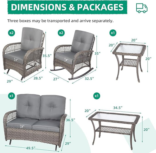 VIVIJASON 7-Piece Outdoor Patio Wicker Conversation Sets, All Weather Outdoor Rattan Furniture Set Includes Glider Loveseat, 2 Rocking Chairs, 2 Glider Rocker Chairs, 2 Coffee Table, Grey