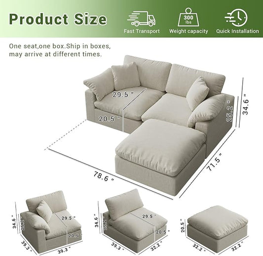 Cloud Modular Sectional Sofa,2 Seat Down Filled Sofa 78.6" Minimalist Sofa,Cover Washable and Replaceable Couches for Living Room,Sectional Sofa Deep Seat