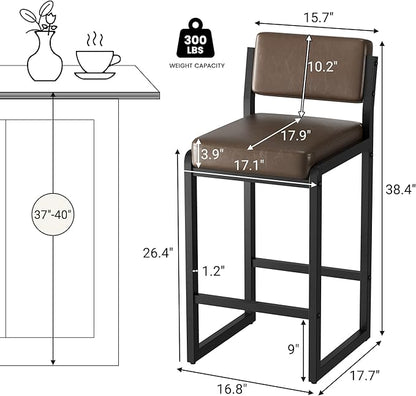 Bar Stools Set of 2, Faux Leather Counter Height Bar Stools with High Back and Metal Legs, Upholstered Bar Chairs, 26" Modern Barstools for Kitchen Island, Dark Brown