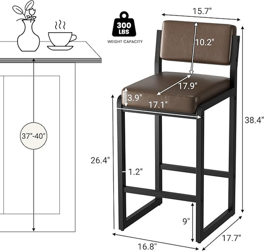 Bar Stools Set of 2, Faux Leather Counter Height Bar Stools with High Back and Metal Legs, Upholstered Bar Chairs, 26" Modern Barstools for Kitchen Island, Dark Brown