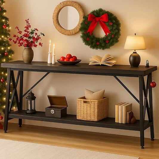 Homieasy 70.9 Inch Extra Long Console Table, Industrial Sofa Table Behind Couch with Charging Station & Storage Shelf, Entryway Table for Living Room & Entryway, Grey Oak