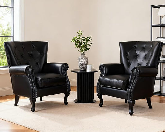 Modern Accent Chair Set of 2, Mid-Century PU Leather Armchair with Solid Wood Legs, Single Sofa Chair for Living Room, Bedroom, Leisure Room, or Reading Room(Black)