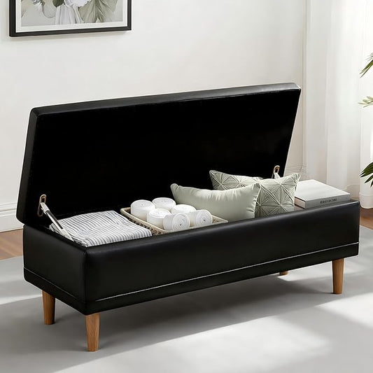 VECELO 44.5" Storage Ottoman Bench, Black Ottoman with Storage, Safety Hinge & Solid Wood Legs, Faux Leather Upholstered Ottoman with Seat for Living Room, Entryway, Holds up to 330 lb