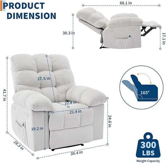 Recliner Rocking Chair with Massage and Heat, Wide Overstuffed Ergonomic Fabric Recliner with Breathable Upholstery, 2 Side Pockets & Remote Control for Living Room or Bedroom