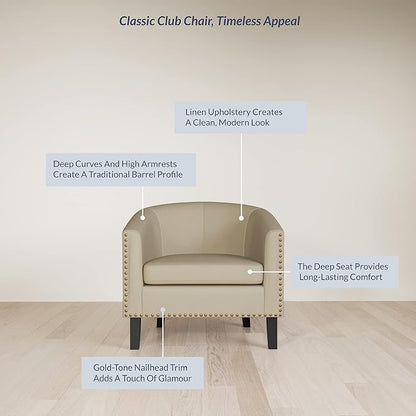 BELLEZE Accent Barrel Chair, Modern Tub Club Chair Upholstered Armchair with Gold Nail Head Trim and Black Legs for Living Room Bedroom Apartment Lounge - Beige/Linen