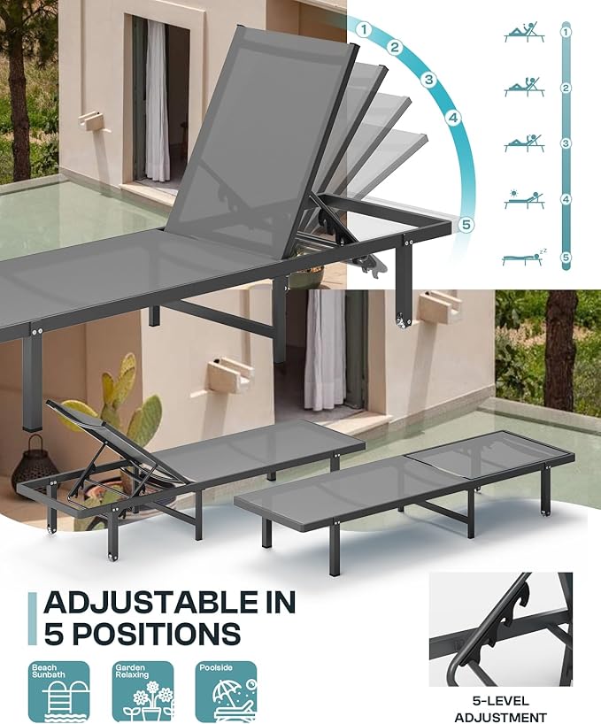 Pool Lounge Chairs, Chaise Lounge Outdoor with Wheels and 5-Position Recliner -Easy to Move- Aluminum Patio Lounge Chair for Poolside, Deck (Darkgray)