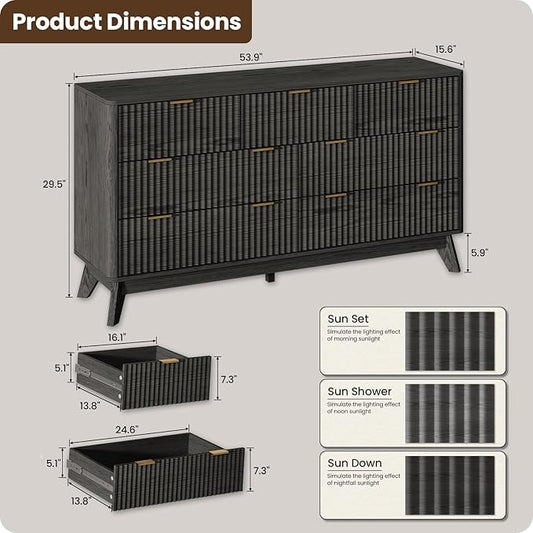 54'' Wide 7 Drawers Dresser for Bedroom,Modern Fluted Vertical Chest with Rounded Corners,Fluted Dresser for Living Room,Hallway, Black