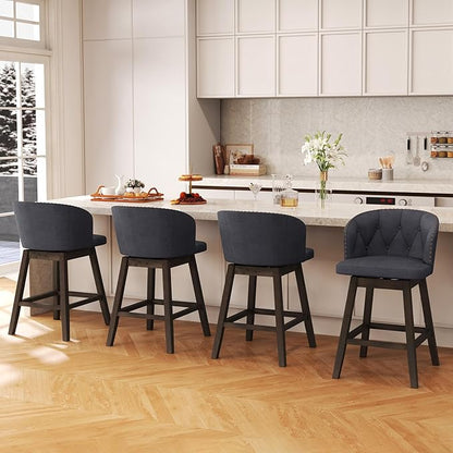 COSTWAY Counter Height Bar Stools Set of 4, Fabric Upholstered Island Stools with 360° Swivel Seat & Button-Tufted Back, Modern Pub Stools with Solid Rubber Wood Frame (Grey,4)