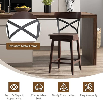 COSTWAY Swivel Bar Stool Set of 2, 24 Inch Ergonomic Counter Height Chairs with Open X Back & Footrest, 2PCS Vintage Wooden Barstools for Kitchen Island, Pub, Bistro, Café, Brown (2, 24 inch)