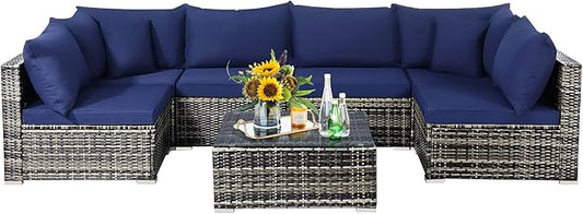 Tangkula 7 Pieces Patio Rattan Furniture Set, Patiojoy Outdoor Conversation Set with Cushions and Tempered Glass Coffee Table, All-Weather Sectional Sofa Set for Garden, Lawn, Backyard (Navy Blue)