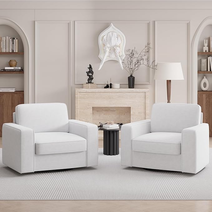 Swivel Accent Sofa Chair Set of 2, 360 Degree Rotation 36'' Width Oversized Thick Cusion Armchair Linen Fabric Single Padding Soft Living Room, Office White