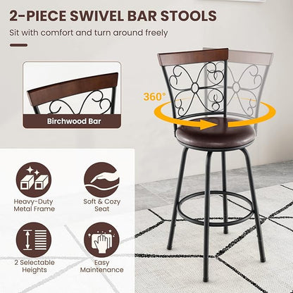 COSTWAY Bar Stools for Kitchen Island, 24/30 Inch Adjustable Seat Height Swivel Barstools Set of 2, Cushioned Seat & Cozy Backrest, Extra Leg Tubes for Height Adjustment, for Kitchen, Bar (2)