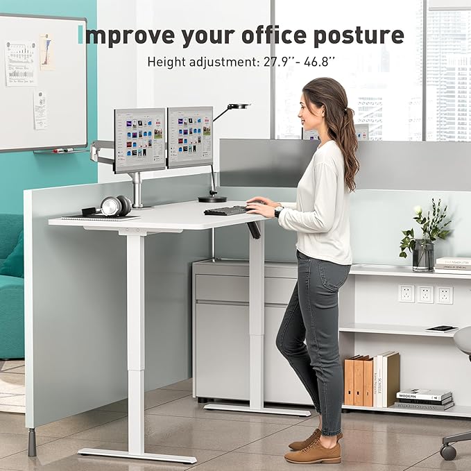 One-Piece Electric Standing Desk, 48 x 24 Inch Adjustable Height Sit to Stand Up Desk for Home Office, Work & Study, White Frame & White Desktop (2 Packages)
