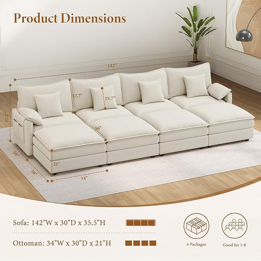 Vesgantti 142" Oversized Sectional Sofa Bed, 8-Seater Modular Sleeper Cloud Couch with Movable Ottoman, Chenille Convertible Sofa Set Deep Seat Couches for Living Room, Bedroom and Apartment, White
