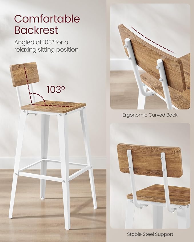 VASAGLE Set of 4 Bar Stools, Bar Height Stools, 29.1 Inches Tall Barstools with Back, Counter Bar Chairs for Kitchen Island, Steel Frame, Industrial Style, Easy Assembly, Wheat Brown and Cloud White