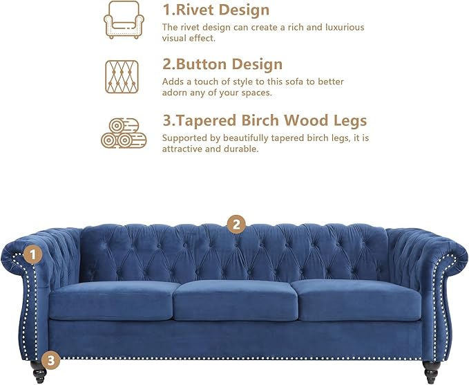 Home Sofa Living Room Furniture, 3 Seater 84" Velvet Upholstered Couch, Mid Century Modern Comfy Couch with Cushions, Classic Tufted Chesterfield Couches for Bedroom, Office, Apartment (Blue)