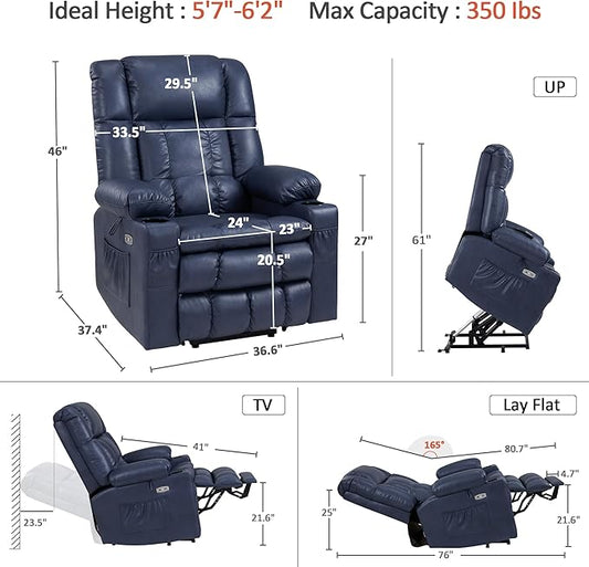 MCombo Dual Motor Large Power Lift Recliner Chair for Elderly, Lay Flat Lift Chair with Heat and Massage, Big Lift Recliner for Tall People, Faux Leather 7896 (Blue, Large)